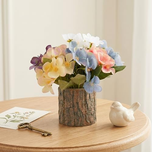 Image of Dekorly Artificial Multicolor Hydrangea Flower with Real Wooden Planter Vase (22CM) | Lifelike Faux Floral Arrangement for Home, Office & Table Decor (Hydrangea Floral)