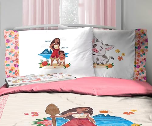 Image of Disney Moana Queen Comforter Set 7 Piece Kids Bedding for Girls, Beige | Bed in a Bag, Comforter Sheets Shams Pillowcases, Official Brand, Soft Microfiber, Machine Washable, Girls Gift