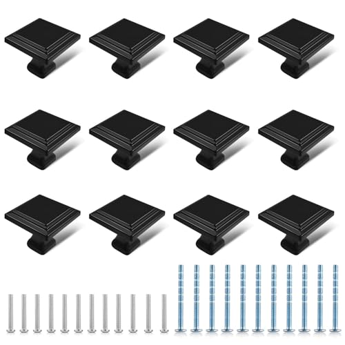 12 Pack Black Matte Cabinet Knobs Square Drawer Knobs(30mm/1.2 Inch) Durable Dresser Knob with 24 PCS Screws Pull Handle Hardware Kitchen Door Knobs for Cabinets