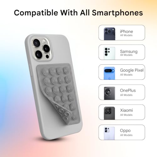 Image of HUMBLE Double Sided Silicone Suction Phone Sticker Grip, Sticky Phone Mount, Hands-Free Mobile Holder, Reusable Anti-Slip Stand for Mirror, Glass, Tile, All Smartphones for Selfies & Videos (Grey)