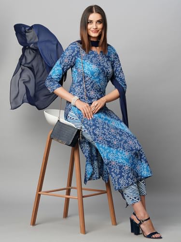 Image of GoSriKi Women's Cotton Blend Printed Straight Kurta with Pant & Dupatta