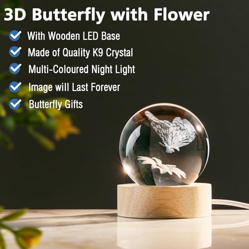 IFOLAINA 3D Butterfly Crystal Ball 60mm Gifts Ideas for Girlfriend Wife Mom Couple Her Christmas Butterfly on Sunflower in Glass Ball with Multicolor Lighting Base
