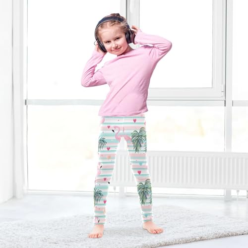 Wusikd Cute Pink Flamingos Girls' Leggings Toddler Doodles Palm Leaves Kids Yoga Pants Dance Active Tights 4T4