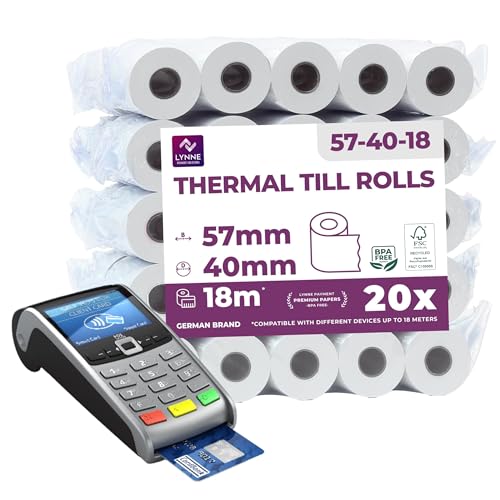 LYNNE - Rouleau TPE Carte Bancaire 57x40x12 - Bobine papier thermique 57mm x 18m x 12mm - Papier Rouleaux TPE - Rouleau CB thermique 57mm - sans BPA - [20x]