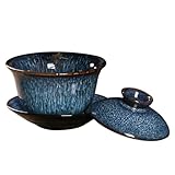 HOODANCOS Traditionelle Chinesische Keramik Teeschale mit Deckel und Untertasse 140ml – Rutschfest Hitzebeständig Klassisches Teegeschirr Im Vintage Stil für Gongfu Tee und Geschenk