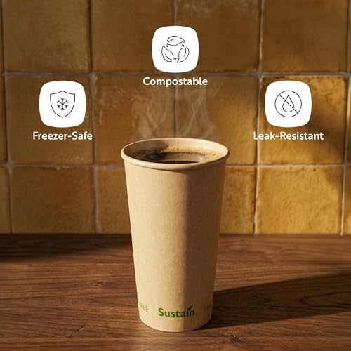 Image of Restaurantware-Sustain 20 Ounce BPI-Certified Hot Cups, 50 Single Wall Coffee Cups - Lids Sold Separately, Leakproof PLA Coating, Compostable Kraft Paper Cups, For Hot Or Cold Drinks