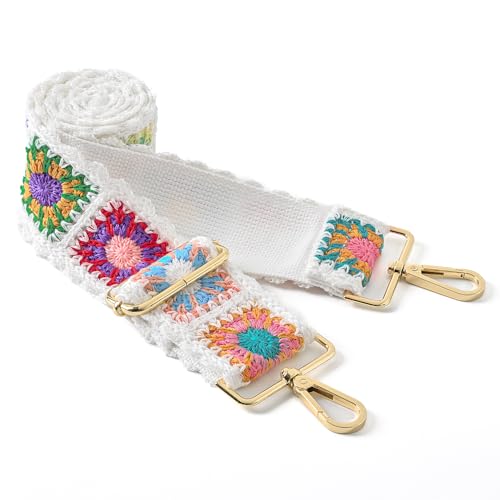 Image of Crochet Flower Purse Strap, Knit Replacement Crossbody Wide Adjustable Shoulder Strap for Bag Handbag- Boho Style(White 01)