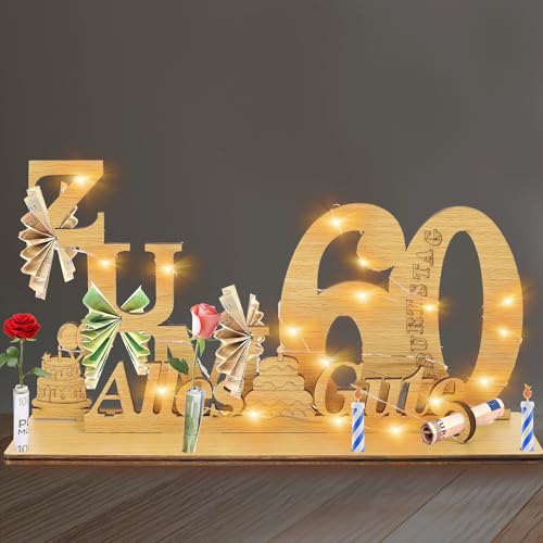 Geschenke zum 60 Geburtstag Frau Mann,Geldgeschenke Geburtstag 60 Alles Gute zum mit LED Lichterkette Ständer,Holz 60.Geburtstag Deko,Coole Geschenkideen zum 60. Geburtstag Tischdeko.