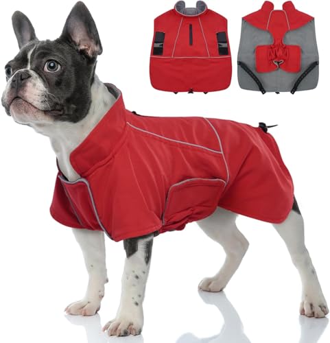 Katzinst Hundejacke Wasserdichter, Warmer Hundejacke für Große Hunde, Hundemantel Fleece, Winterjacke mit Reflektierender Streifen Französische Bulldogge Cheng Rot L