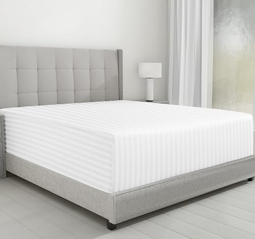 California Design Den Cotton Sateen Damask Stripe Queen Size Fitted Sheet Only - Soft 100% Cotton Sateen, Deep Pocket Bottom Fitted Sheet - White