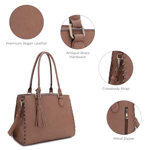 JESSIE & JAMES | Lioness Concealed Carry Satchel Bag with Tassel, Top Handle Purse with Crossbody Shoulder Strap - Sand