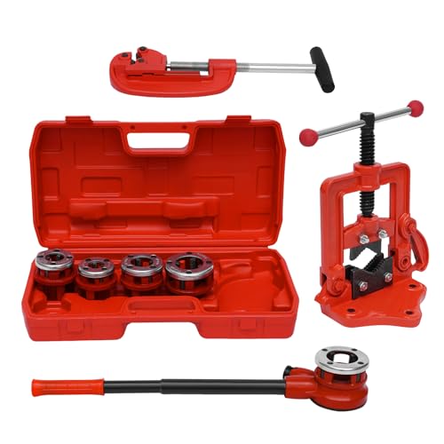 Pipe Threader Ratchet Type - Professional Manual Ratcheting Pipe Threading Tool Set w/ 5 Dies Set 3/8'', 1/2'', 3/4'', 1'', 1-1/4''
