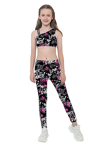 Doomiva 2 Pièces Ensemble Survêtement Enfant Fille Ado Vêtements de Sport Eté Brassière Corp Tops de Danse Yoga Leggings Jogging Pantalon de Sport Fitness Streetwear 4-16 Ans Z Graffiti 13-14 Ans