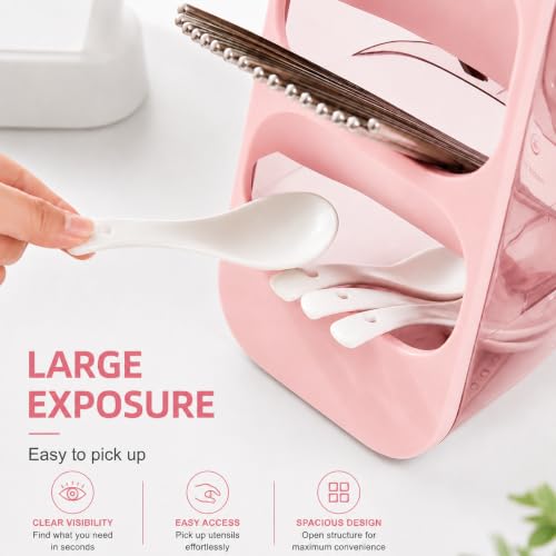 Image of Kitchen Utensil Holder with Drain Tray & Dustproof Cover | 3 Compartment Cutlery Organizer | Self Draining Countertop Storage Rack for Spoons Forks Chopsticks Kitchen Accessories (Pink)