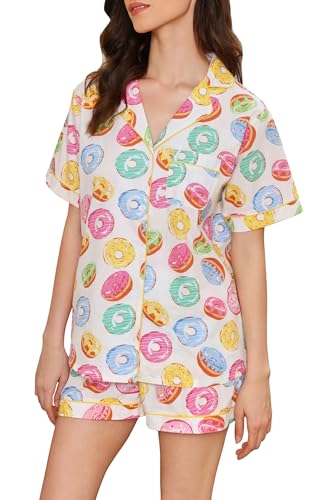 Image of LUBOT 100% Cotton Women's Pajamas Set Button-Down Two-piece PJ Set Short Sleeve Printed Patterned Summer Sleepwear Loungewear (Donuts, XL)