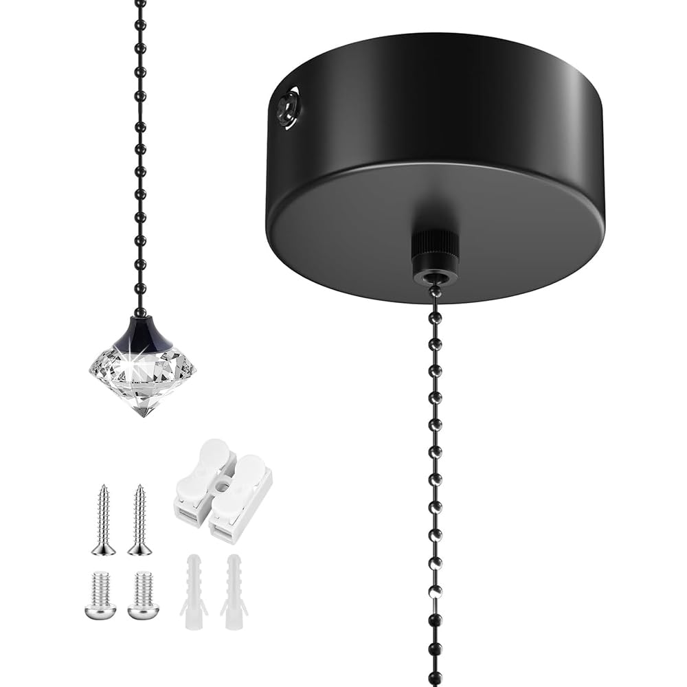SKIKHN Bathroom Light Pull Cord, Crystal Pendant Pull Cord Light Switch Bathroom, Black PullCord Lights Switch with 150cm Chain Kit, Shower PullCord Switchs for Bath Room Chandeliers Accessories