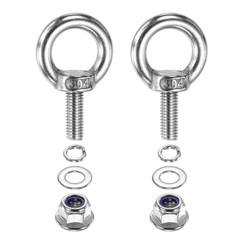 PATIKIL M8 x 20mm Shoulder Eye Bolt, 2 Pcs 304 Stainless Steel Lifting Ring Threaded Eye Bolt with Flange Lock Nuts Spring and Flat Washers for Hanging Tie Down Straps Outdoor Indoor