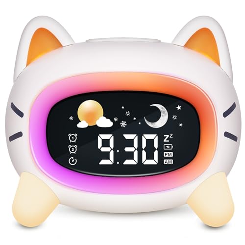 Honesorn Kids Alarm Clock, Ok to Wake Clock for Kids with Night Lights Children's Sleep Training, Cute Cat Toddler Alarm Clock Sound Machine, Digital Clock for Girls Boys Bedrooms, Kids Birthday Gift
