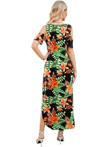 Gracyoga Summer Hawaiian Maxi Dress for Women 2024 Casual V Neck Cold Shoulder Short Sleeve Long Beach Dresses with Pockets - Image 4