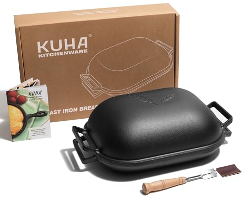 KUHA Cast Iron Bread Oven with Lid | Oval Sourdough Dutch Oven for Bread Baking | Pre-Seasoned Cast Iron Bread Pan | Bread Lame Included