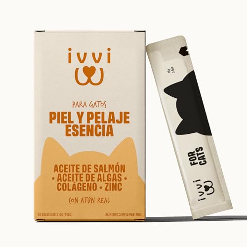 ivvi Piel & Pelaje Esencia para Gatos – Crema Funcional con Aceite de salmón, Aceite de Algas, Zinc y colágeno – Apoyo a Piel y Pelaje – 30x15g – con atún Real