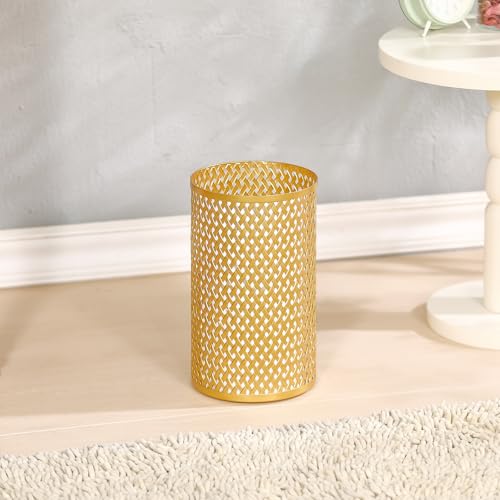 Image of Small Gold Trash Can for Bathroom, Metal Garbage Can for Offices, Decorative Hollow-Out Garbage Can Waste Paper Bin, 7 inch W X 7 inch L X 12 inch H