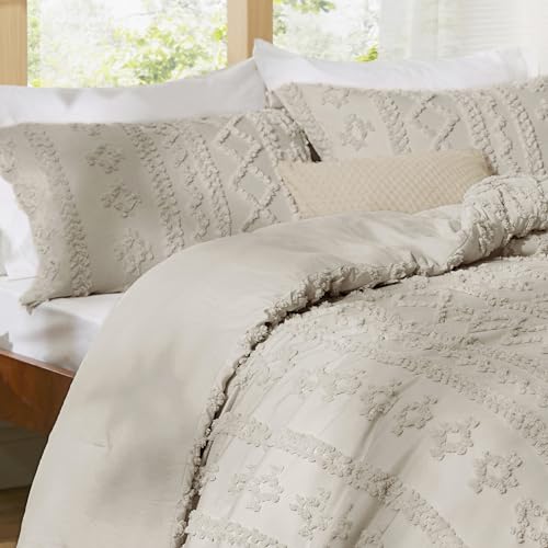 Bedsure Tufted Boho Comforter Set Full Size - Linen Boho Bed Set, GentleSoft™ 3 Pieces Farmhouse Shabby Chic Embroidery Bedding, Gifts for Woman, Soft Jacquard Full Comforter for All Seasons