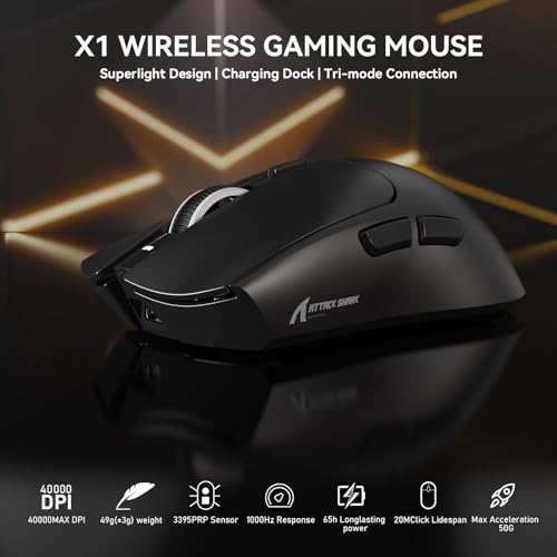 Image of ATTACK SHARK X1 Wireless Gaming Mouse with RGB Charging Dock, PAW3395 PRO Sensor Up to 40K DPI,53g Ultra Light Tri-Mode Computer Mice,1KHz Polling Rate 5 Programmable Buttons for WIN /MAC-Black