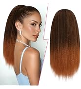 PEACOCO Drawstring Ponytail for Black Women Long Yaki Straight Ponytail Hair Extension 16 Inch Th...