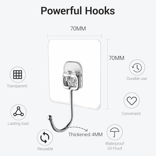Image of Big Size Self Adhesive Wall Hooks - Heavy Duty Transparent Hooks for Wall Hanging | Waterproof, Rustproof, No-Drill Utility Hooks for Bathroom, Kitchen, Home & Office (Pack of 10)