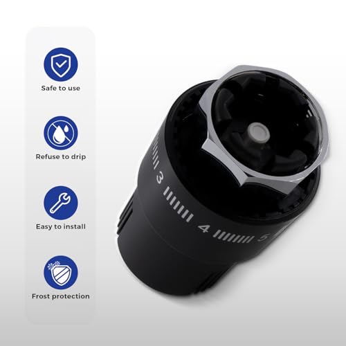 VANCOCO M30×1,5 mm Thermostatkopf Heizkörperventil, Thermostat Heizung, Heizungsventil, Schwarz, Flüssig-Fühler mit Frostschutzstellung