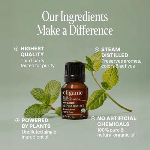 Image of Cliganic USDA Organic Spearmint Essential Oil, 100% Pure Natural Undiluted, for Aromatherapy (10ml) | Non-GMO Verified