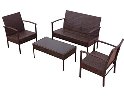 Image of Carry Bird 4 Piece PE Wicker Rattan Outdoor Furniture | 4 Seater Balcony Sofa With Tea Table | Set of 2+1+1 Outdoor Patio Chairs with Coffee Table | Sofa Sets & Center Table for Home & Garden | 3 Piece Patio Stools with Table | Indoor Patio Furniture Set Space Saving | Rattan Chair | Patio Set | Wicker Conversation Set | Poolside Lawn Arm Chairs Set For Balcony & Terrace | Balcony Table chair Set | Hotel Patio Seating Chair & Table Set with Glass | Brown Cushion and Brown Sofa