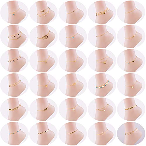 Duufin 30 Pcs Ankle Bracelet Gold Foot Bracelet Chain Beach Anklet for Women Girls