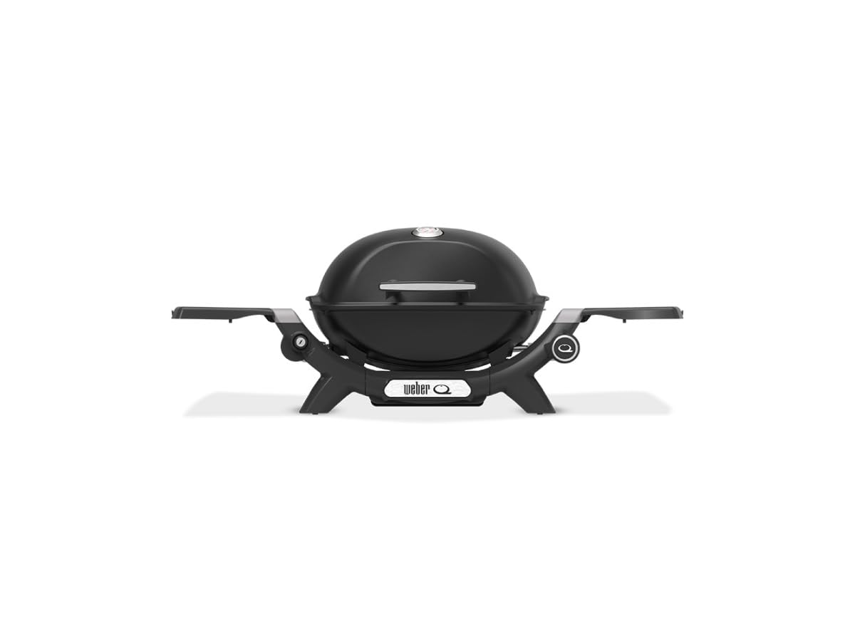 Weber Q 1200N grill gazowy z półkami bocznymi/lekki grill na kemping, taras i balkony, z wysokowydajnym palnikiem, emaliowanym żeliwnym rusztem i elektronicznym zapłonem, północ czarny