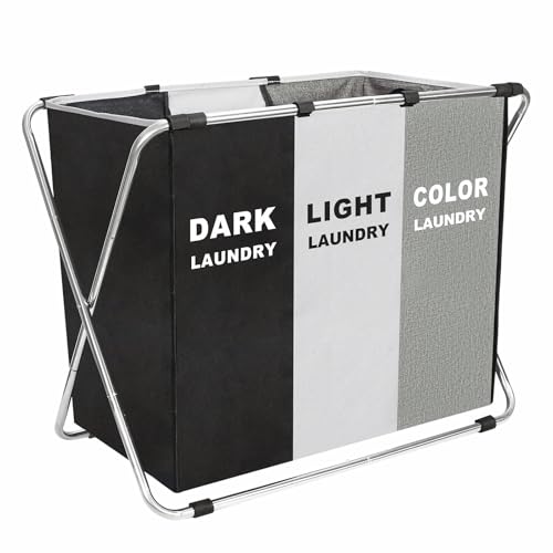 Laundry Cloth Hamper Sorter Basket Bin Foldable 3 Sections with stainless steel Frame Washing Storage Dirty Clothes Bag for Bathroom Bedroom Home Storage Basket (Black+light+dark, 3 Sections)