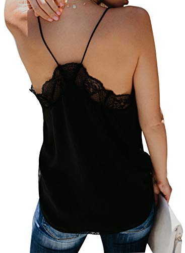 Astylish Women's Cute Ruffle V Neck Sleeveless Shirts Spaghetti Strap Solid Cami Tank Tops Blouses Large Black #TOP4