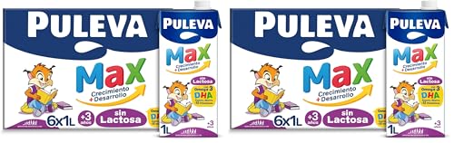 Leche de crecimiento Puleva Max Sin Lactosa a partir de 3 años brik 1L – Caja 6 litros (Paquete de 2)