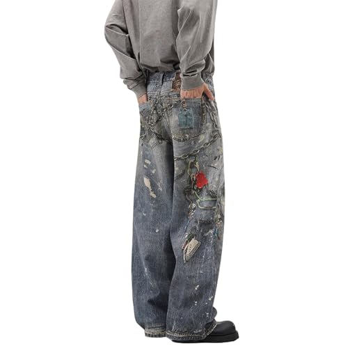 Hip hop Chain Printed Jeans for Men, Retro high Street Punk Y2K high Waist Wide Leg Harajuku Hip-hop Pants