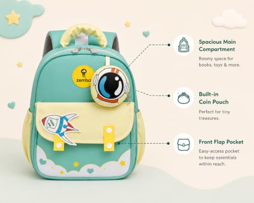 Image of Zemba Kids School Backpack, Space Explorer Theme with Astronaut and Rocket Design, Teal and Yellow, Polyester, Ages 2-6 Years