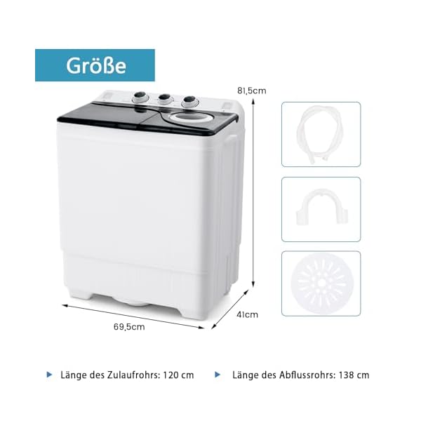 GOPLUS Toplader Waschmaschine 6,5KG, Waschmaschine mit 2 Kammern, Timer-Funktion, Waschautomat mit 2KG Schleuderkapazität, inkl. Ablaufpumpe, für kleine Wohnungen (Schwarz) – Bild 7