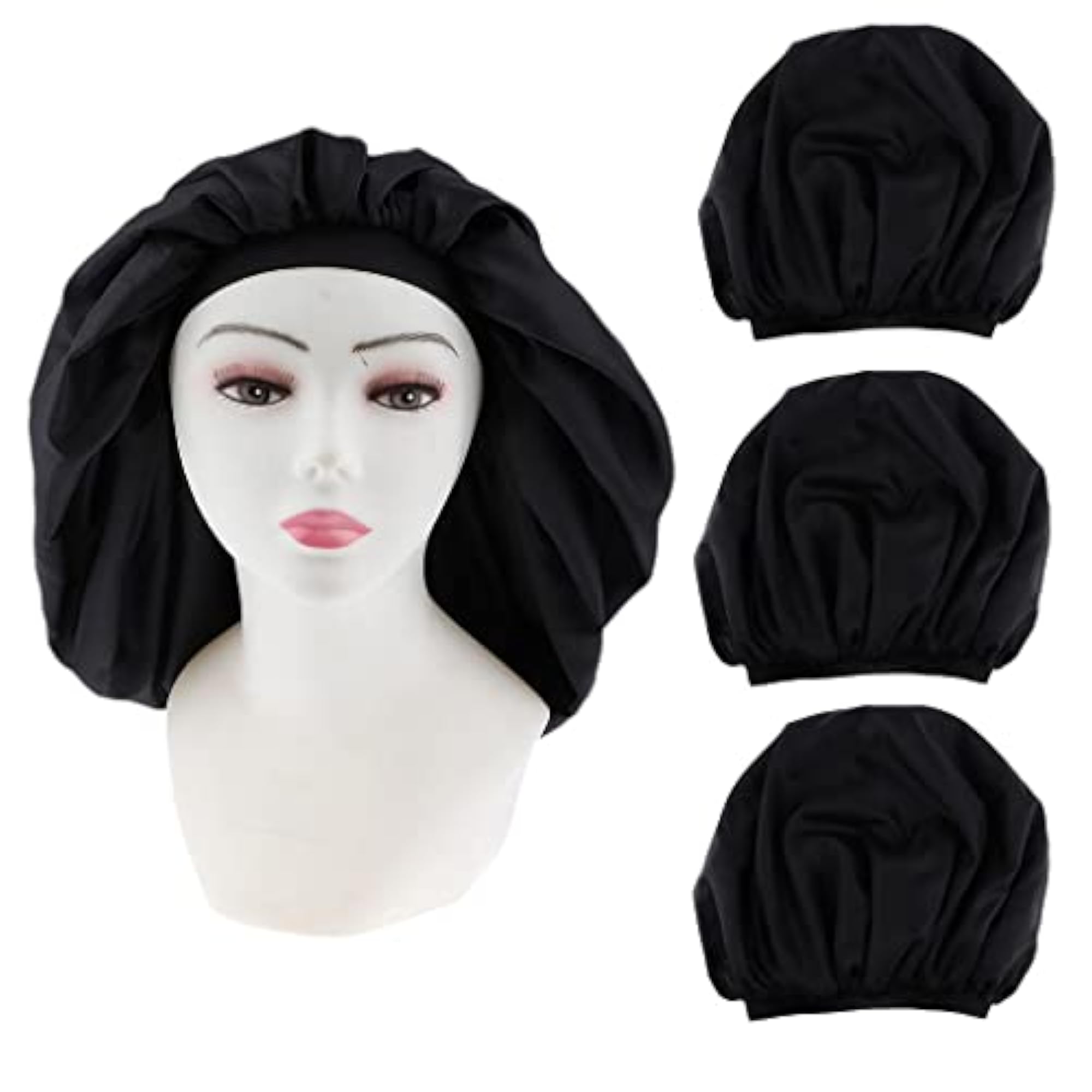 3x Waterproof Elastic Black Shower Cap Set for Hair