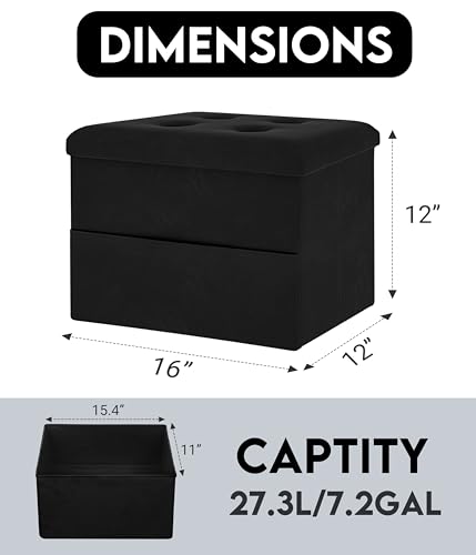 Image of Zoes Homeware Small Storage Ottoman Foot Rest, Velvet Ottoman with Storage and Side Pocket, Black Foot Rest for Couch, Foldable Footstool for Chair, Living Room&Dorm, 16 inchx12 inchx12 inch