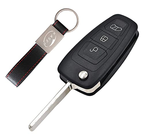Coque Clé Télécommande Plip 3 Boutons Ford Focus Mondeo Fusion Fiesta Ka Kuga Ecosport S-Max C 2011-2017 avec Porte-Clés en Cuir KASER