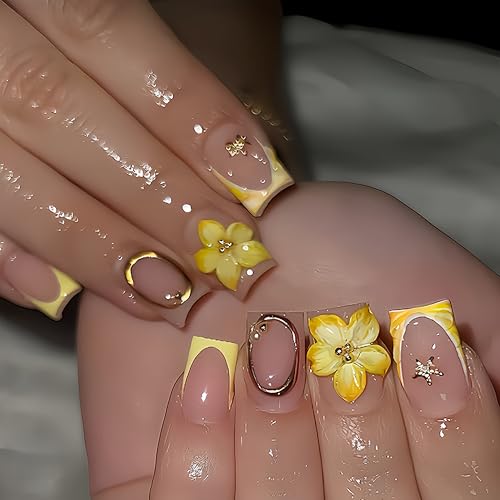 24pcs Hibiscus Press on Nails Medium Square Fake Nails Yellow Flower with Starfish Gold Beads Lines Design Yellow French Tips False Nails Summer Floral Full Cover Acrylic Nails Glue on Nails for Women