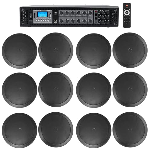 Image of Rockville RCS180-6 Bundle: RCS180-6 184-Watt 6-Zone 70V Commercial Amplifier, (12) 6.5" 2-Way Black Ceiling Speakers 40W 8-Ohm for Restaurant, 7 Items
