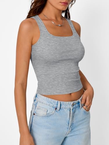 SUNBS Women's 3 Pack Square Neck Tank Tops Sleeveless Ribbed Workout Cute Outfits Summer Cropped Camisole Fashion Clothes3