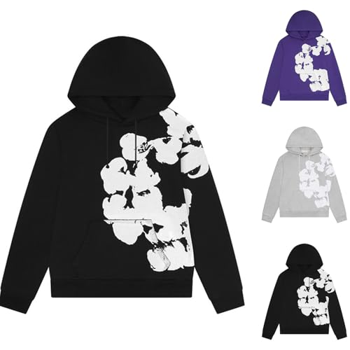 Unisex Denim T Hoodie Herren mit Blumenmuster Langarm Harajuku College Style Kapuzenpullover Streetwear Y2K Hip Hop Kapuzenpulli Sport Kapuzenjacke Taschen Outdoor Freizeit Pullover Sweatshirt Rosa xl