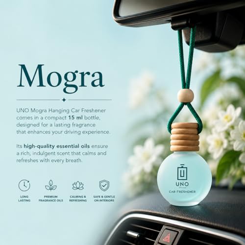 Image of UNO AROMA Mogra Car Air Freshener, 15ml, Long Lasting Hanging car perfume, Toxin-Free Oil in Glass Bottle with Wooden Diffuser, Car Accessories for fresh aroma, Last Upto-60 Days
