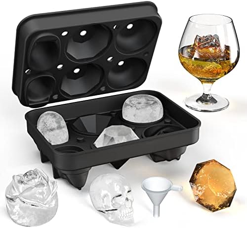 Sinyoges Ice Cube Trays, Silicone Ice Cube Mould with lid 2 Rose Ice Mold, 2 3D Skull Ice Cube Trays and 2 Diamond Shaped Ice Cube Moulds for Whisky Cocktails, and Coffee Ice Cube Molds